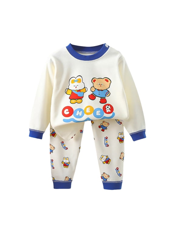 Baby Unisex Fall Pajamas 3 6 12 18 Months 3T 4T 5T 6T Bear Kitty Cartoon Print Crew Neck Top and Character Printed Matching Pants Sleep Set