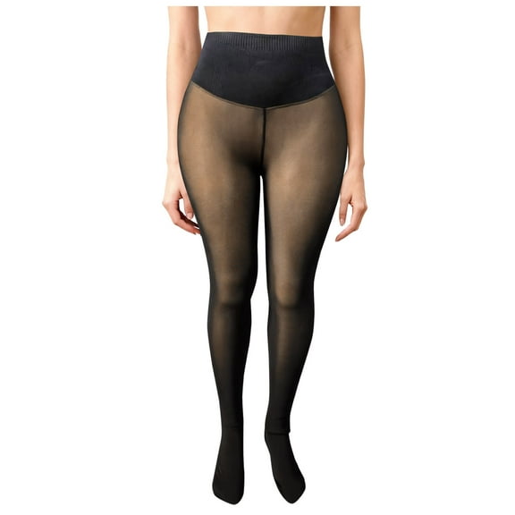 COMVALUE Bare-Leg Look Lined Tights Women Fake Translucent Plus Size Thermal Pantyhose Outerwear Winter Leggings (Black, L)