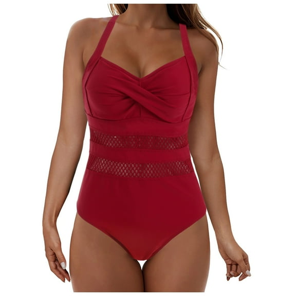 COMVALUE Bathing Suit for Women 2026 One Piece Square Neck Swimsuits Mesh Hollow Out Swimwear (Red, L)