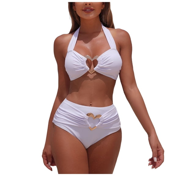COMVALUE Bathing Suit for Women Ring Linked Bikini Set Summer Beach Two Piece Swimsuit (White, L)