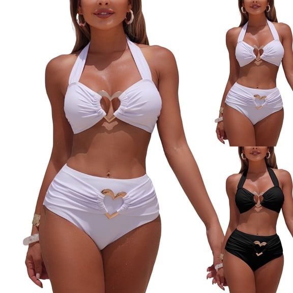 COMVALUE Bathing Suit for Women Ring Linked Bikini Set Summer Beach Two Piece Swimsuit (White, M)
