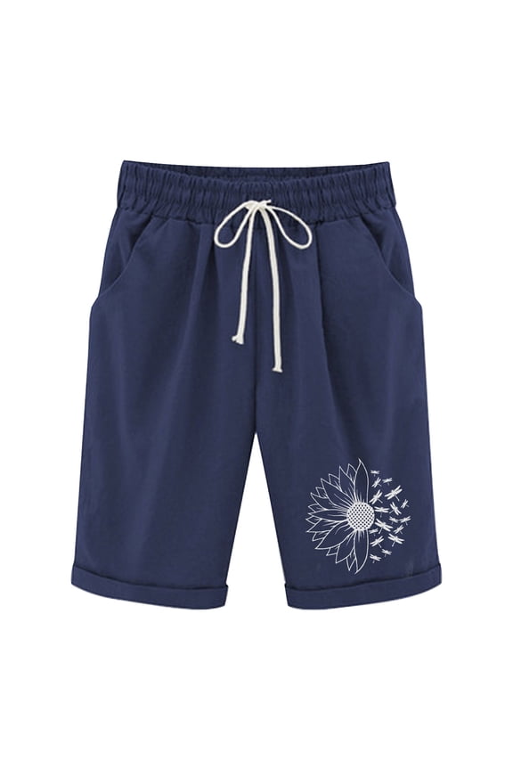 Bermuda Shorts Womens Elastic Waist Drawstring Knee Length Shorts 2026 Summer Casual Loose Beach Bottom Pockets (Navy, XXL)