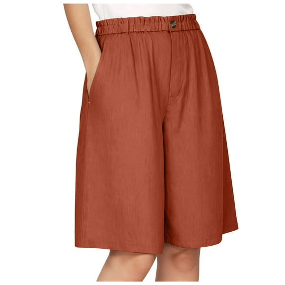 COMVALUE Bermuda Shorts for Women 2026 Cotton Linen Wide Leg Plus Size Pants Casual Loose Elastic Waist with Pockets Summer Clothes (Brick Red, XXL)