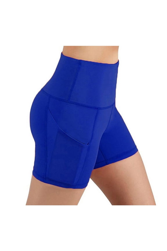 Biker Shorts Women with Pockets High Waisted Workout Spandex Tummy Control Running Yoga Shorts (Blue, S)