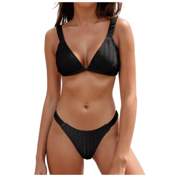 COMVALUE Bikini Sets for Women Triangle Textured Plunging High Cut Cheeky Bikini Swimsuits Two Piece Bathing Suits (Black, L)