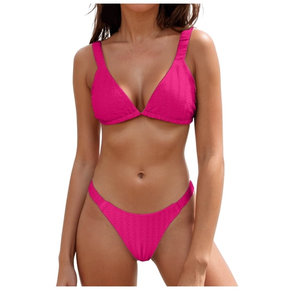 COMVALUE Bikini Sets for Women Triangle Textured Plunging High Cut Cheeky Bikini Swimsuits Two Piece Bathing Suits (Hot Pink, XL)