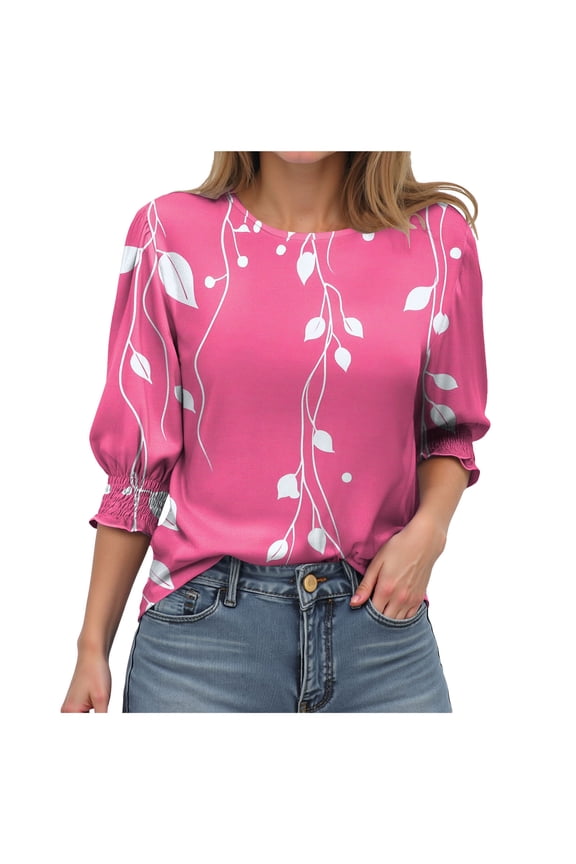 3/4 Length Blouses for Women Dressy Casual Sleeve Womens Tops with Smocked Cuffs (Pink, XL)
