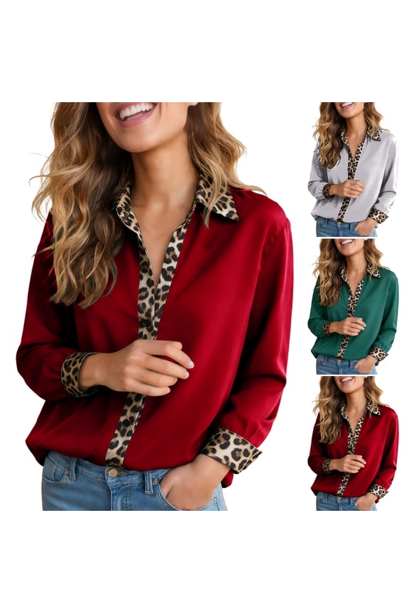 Blouses for Women Leopard Button Down Shirts Long Sleeve Tops for Business Casual (Grey, XL)