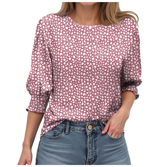 COMVALUE Blouses for Women Scoop Neck Dressy Casual 3/4 Length Sleeve Womens Tops with Smocked Cuffs (Pink, XL)
