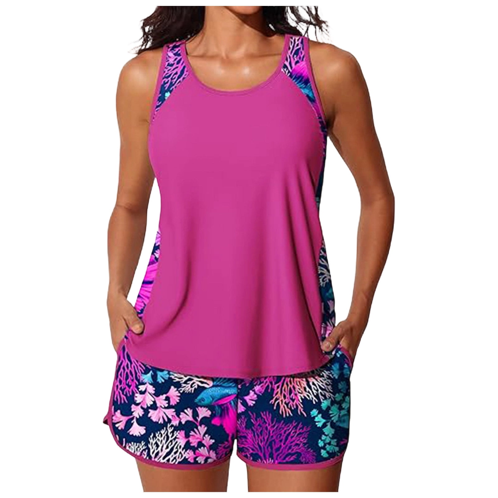 COMVALUE Blouson Tankini Swimsuits for Women 2026 Tummy Control Two Piece Bathing Suits with Sporty Pockets Swim Shorts (Hot Pink, L)