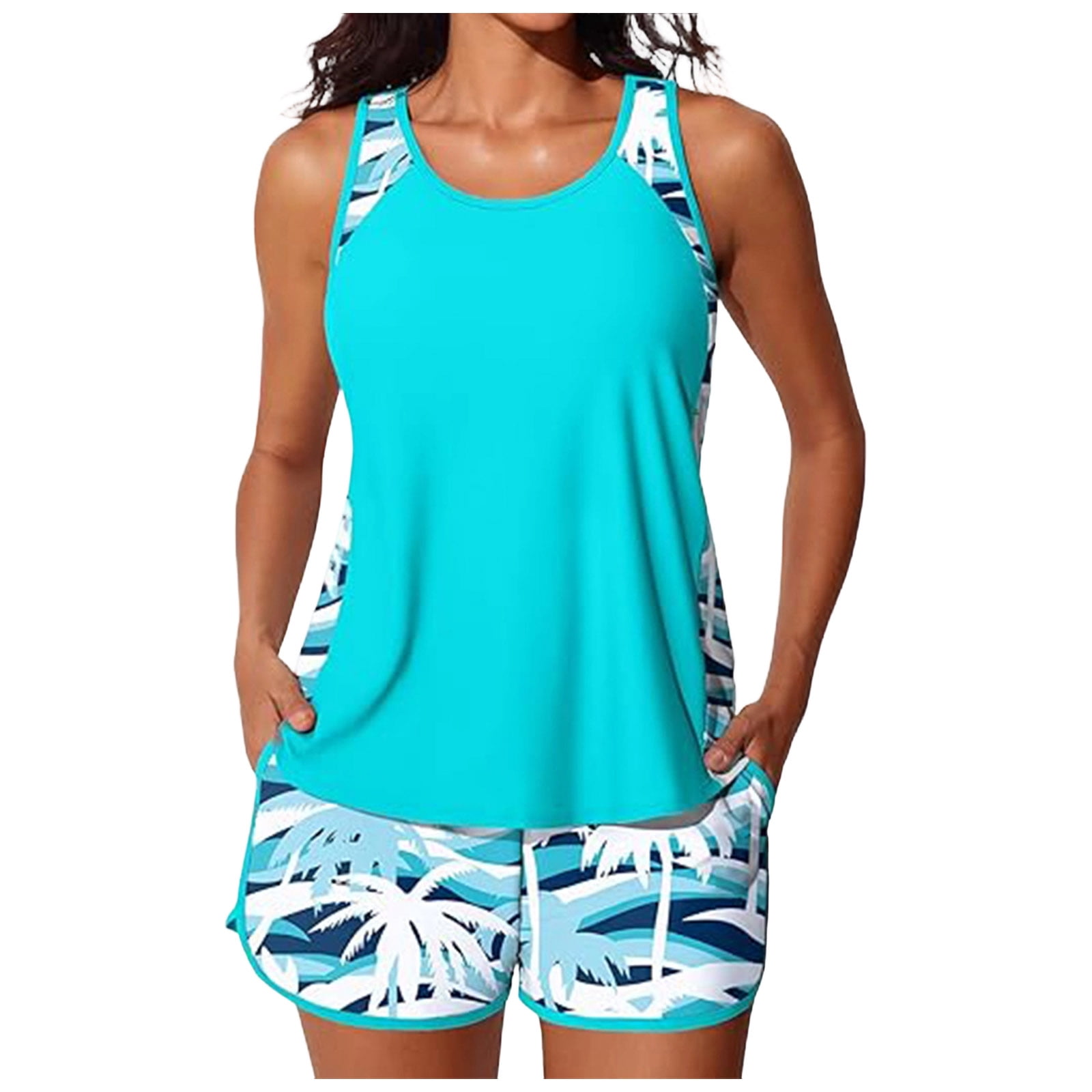 COMVALUE Blouson Tankini Swimsuits for Women 2026 Tummy Control Two Piece Bathing Suits with Sporty Pockets Swim Shorts (Sky Blue, S)