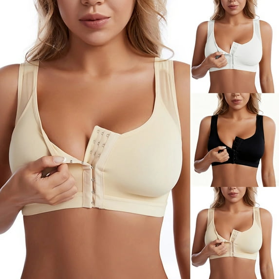 COMVALUE Bra for Women Full Coverage Front Closure Post Surgery Bras Mastectomy Surgical Support Wireless Bra (Black, L)