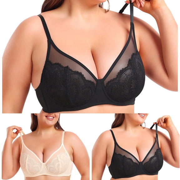 COMVALUE Bras for Women Full Coverage Underwire Supportive Bra Plus Size Lift Unlined Lace Bralette (White, XL)