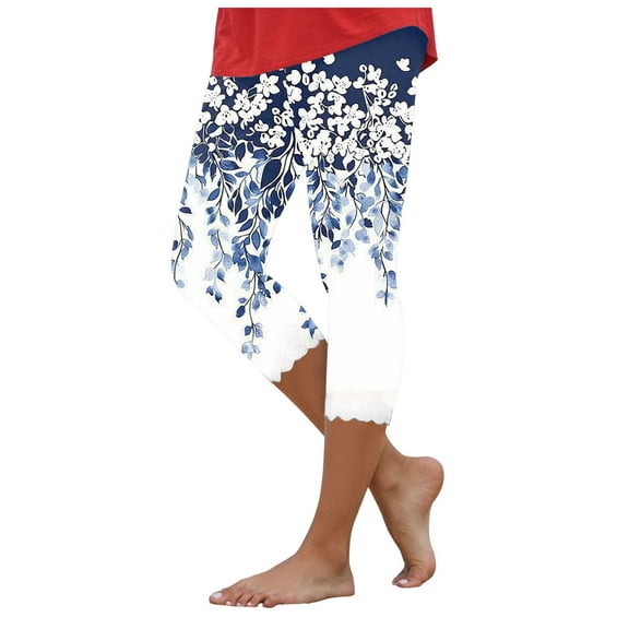 COMVALUE Capri Leggings for Women Loose Cropped Pant Fashion Flower Print Capris (Navy, M)