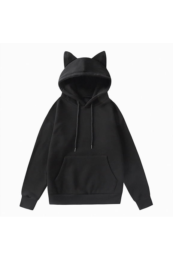 Cat Ear Hoodies for Women Round Neck Long Sleeve Kawaii Anime Print Hooded Sweater Cute Top Hoodies Pullover (Black, XXL)