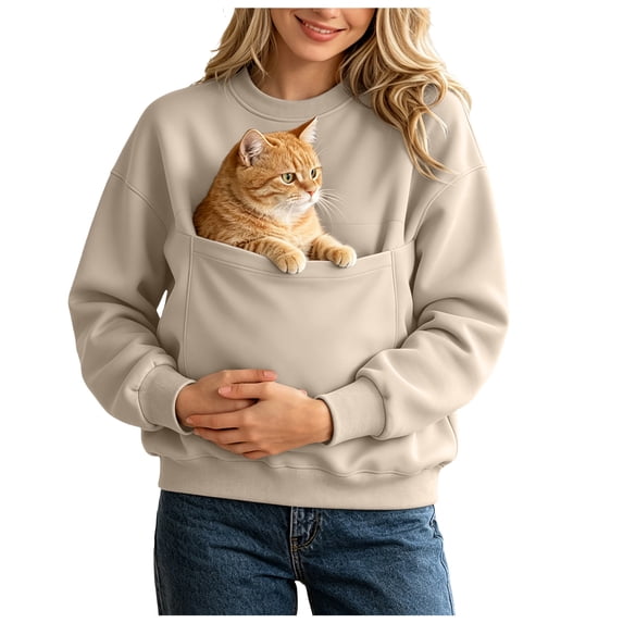 COMVALUE Cat Pouch Hoodie Pet Carrier Hoodies Women Oversized Kangaroo Pocket Lightweight Sweatshirts for Carriering Dogs (Beige, XL)