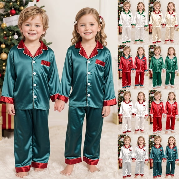 COMVALUE Christmas Pajama Set for Family Silk Satin Holiday Matching Sets Long Sleeve Button Down Comfy Loungewear Xmas Family Pajamas 2Pcs Pjs Outfits for Kid: 7-8 Years