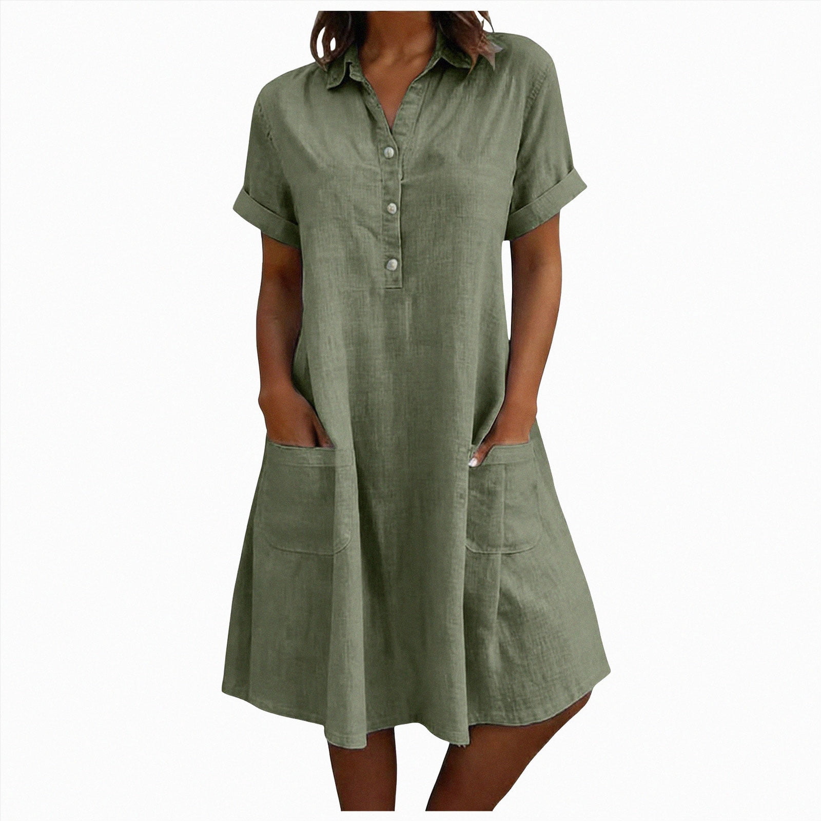 COMVALUE Cotton Linen Midi Dress for Women Short Sleeve V Neck Gauze ...