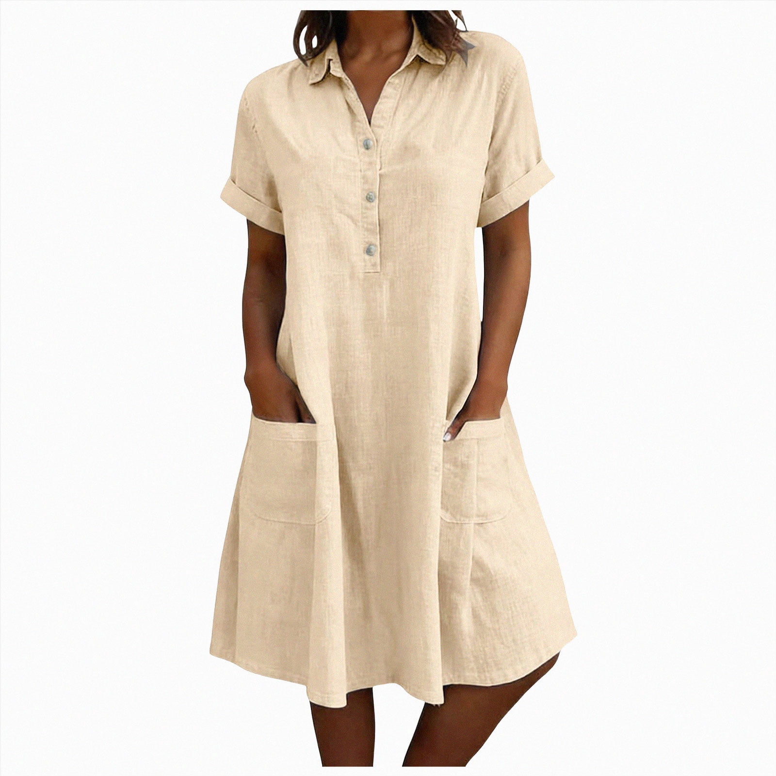COMVALUE Cotton Linen Midi Dress for Women Short Sleeve V Neck Gauze ...