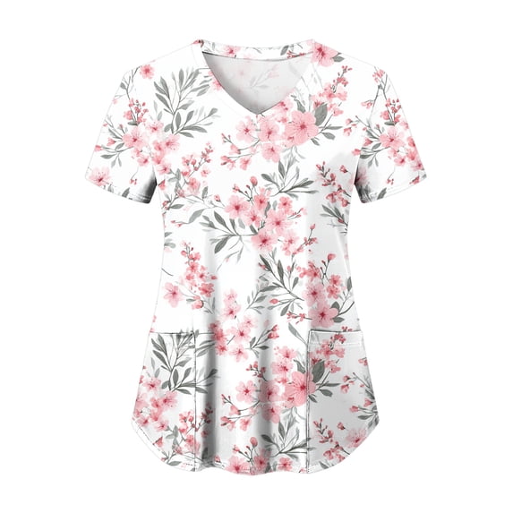 COMVALUE Cozy Fit Plus Size Scrub Shirts Medical Uniforms Tops Print Scrubs with Design (Light Pink, XL)