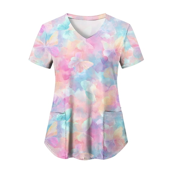 COMVALUE Cozy Fit Plus Size Scrub Shirts Medical Uniforms Tops Print Scrubs with Design (Pink, XL)
