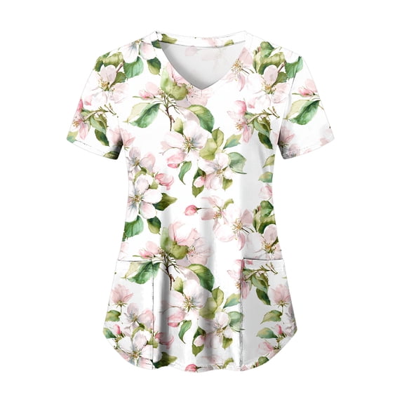COMVALUE Cozy Fit Plus Size Scrub Shirts Medical Uniforms Tops Print Scrubs with Design (White, XXL)