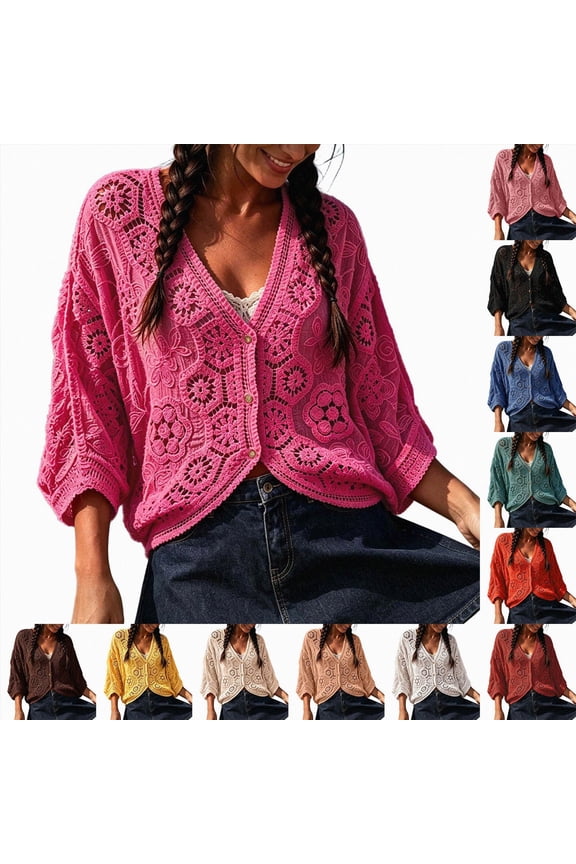 Crochet Cardigan for Women Summer Batwing Sleeve Lace Floral Open Front Knitted Cardigans Boho Beach Coverups (White, One Size)