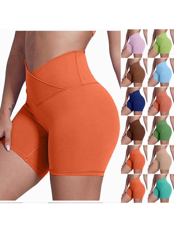 Crossover Biker Shorts for Women, No Front Seam V High Waist Yoga Workout Gym Shorts with Tummy Control Coffee L