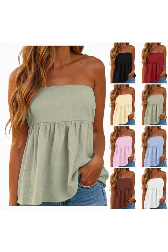 Cute Floral Strapless Peplum Tops for Women Y2k Flowy Tube Top Teen Girls Ruffle Babydoll Bandeau Summer Tops Red for Size M