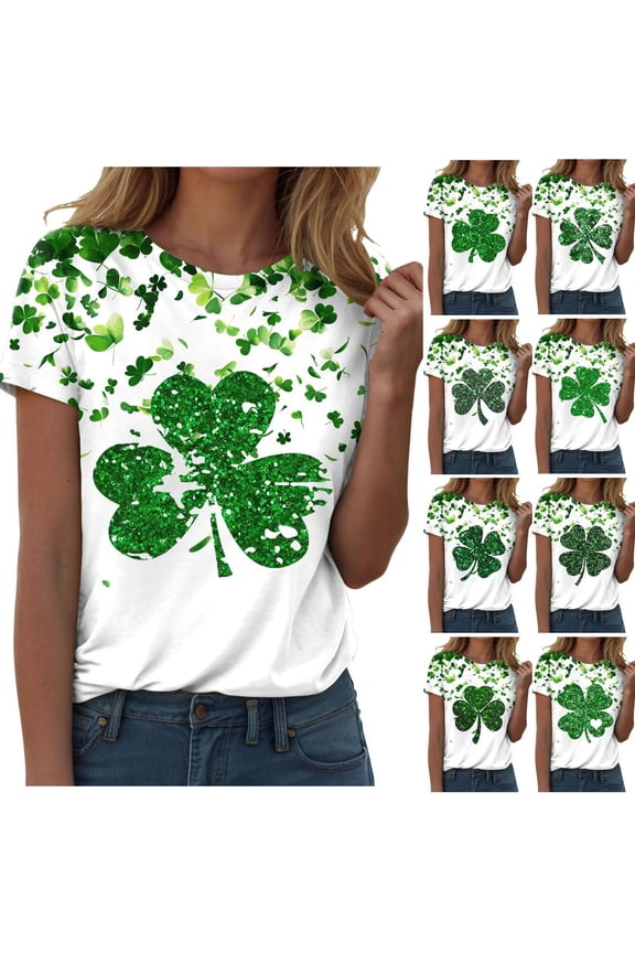 Cute Lucky Irish Shamrock Clover Graphic Short Sleeve Festival T-Shirt for Women St Patricks Day 2026 Gift Top (Light Blue, XXL)