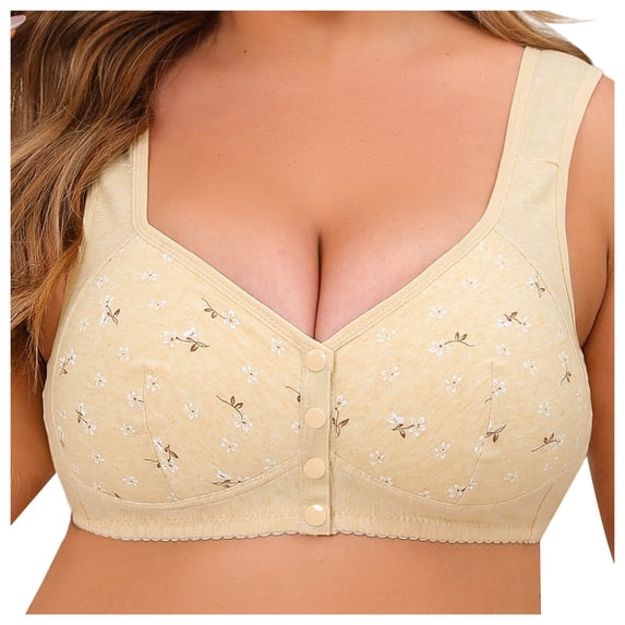 COMVALUE Daisy Bras for Older Women Plus Size Front Closure No Underwire Push Up Bra Comfy Supportive Snap Everyday Bras for Senior (Light Yellow, 62)