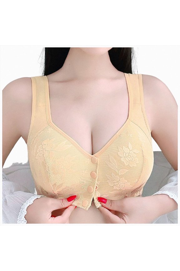 Daisy Lace Bras for Women Front Closure No Underwire Comfort Senior Wireless Snap Closing Bra (Yellow, 52)