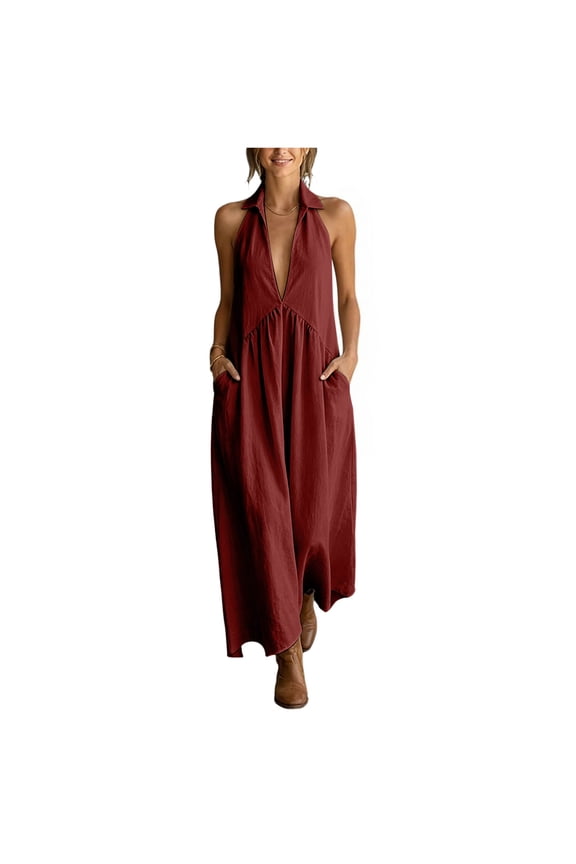 Deep V Neck Dress, Halter Maxi Dresses, Vacation Date Night, Sexy for Women Corset Flowy Wedding Guest Drop Waist (Red, S)