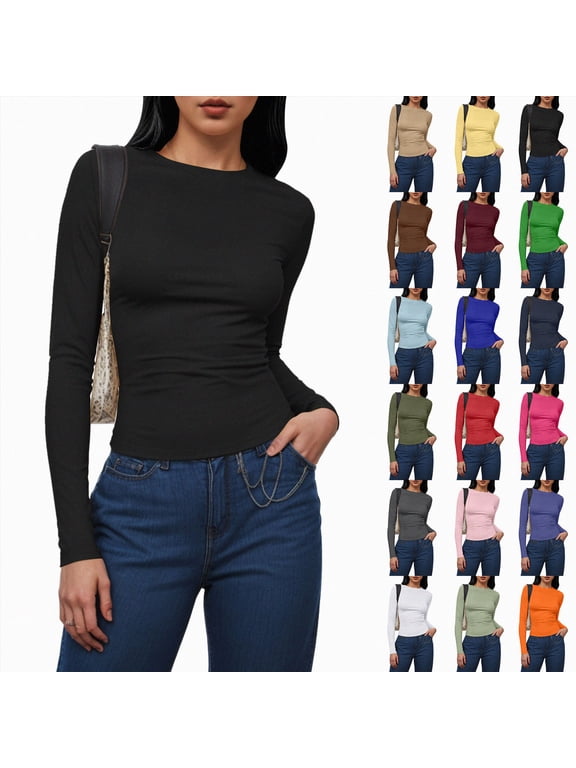 Double Lined High Round Neck Long Sleeve Tops for Women with Built in Bra Nylon Basic Crop Fall Tee Shirts (Black, S)