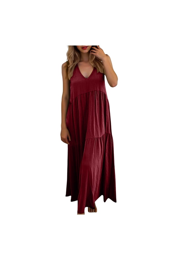 Dresses for Women 2026 Summer Casual Boho Tiered Sundress V Neck Sleeveless Maxi Dress Modest Beach Long Dress (Red, M)