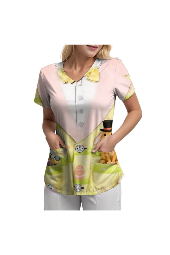 Easter Scrub Tops Women Bunny Egg Hunt Print Medical Scrubs Holiday Working Uniform Happy New Year 2026 (Yellow, M)