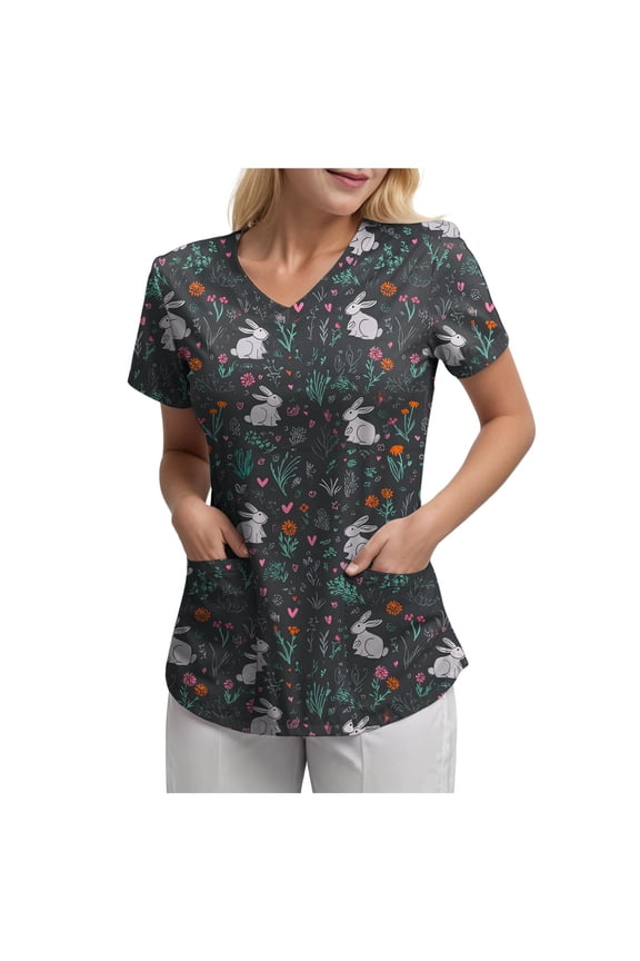 Easter Scrub Tops Women Short Sleeve V-neck Cute Bunny and Eggs Printed Scrubs Top Medical Nurse Uniforms with Pockets (Dark Gray, XL)