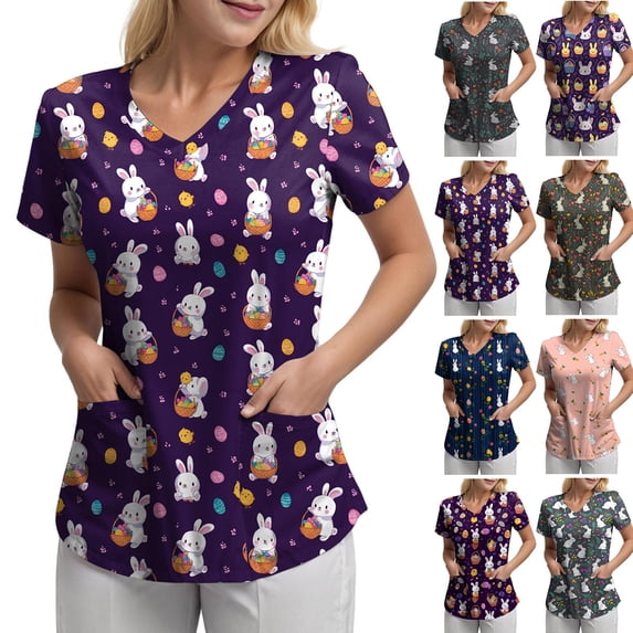 COMVALUE Easter Scrub Tops Women Short Sleeve V-neck Cute Bunny and Eggs Printed Scrubs Top Medical Nurse Uniforms with Pockets (Navy, XXL)