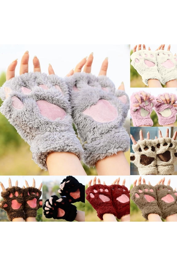 Fingerless Paw Gloves Thick Cat Paw Mittens Cute Plush Paw Gifts for Women Girls (White, One Size)