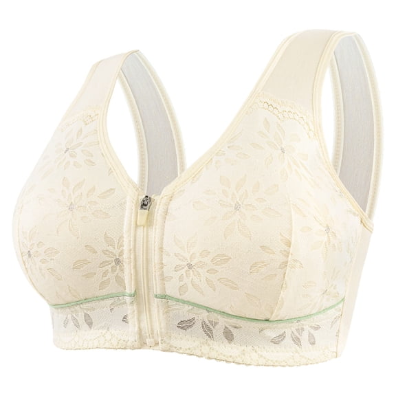 COMVALUE Front Closure Bra for Seniors Women Zipper Up Soft Wireless Bra Beige for Size 42