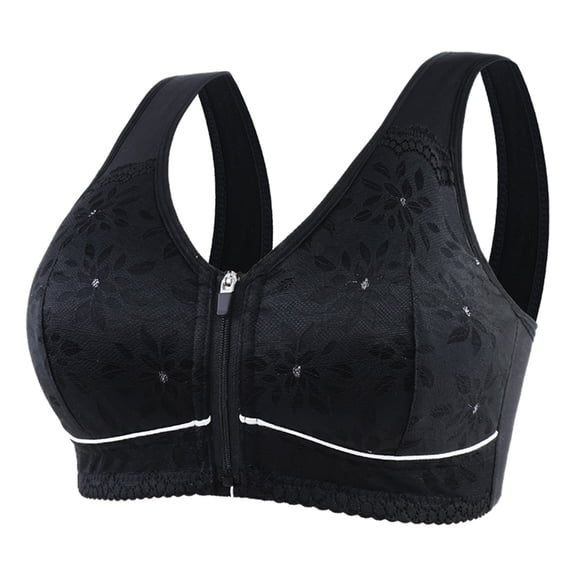 COMVALUE Front Closure Bra for Seniors Women Zipper Up Soft Wireless Bra Black for Size 42