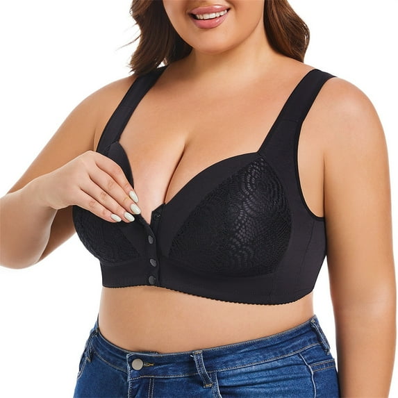 COMVALUE Front Closure Bra for Women Full Coverage Wireless Padded Bra Detail Plus Size Support Bra for Seniors (Black, 48B)