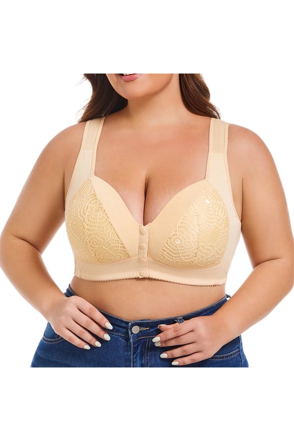 Front Closure Bra for Women Full Coverage Wireless Padded Bra Detail Plus Size Support Bra for Seniors (Light Yellow, 48F)