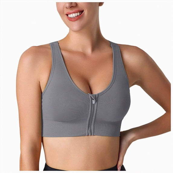 COMVALUE Front Zipper Sports Bras for Women Wirefree Post Surgery Bra Front Closure Racerback Mastectomy Bras (Grey, XXL)