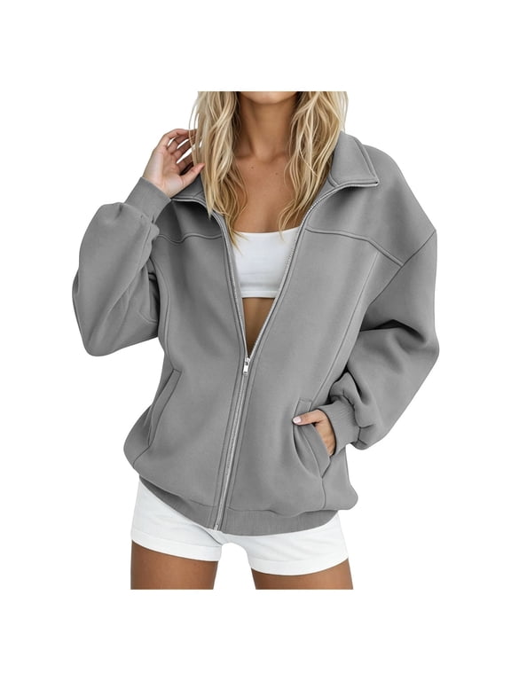 Full Zip Up Sweatshirt Women No Hood - Oversized Loose Casual Long Sleeve Collared Jacket 2026 Fall Winter Clothes (Grey, XL)