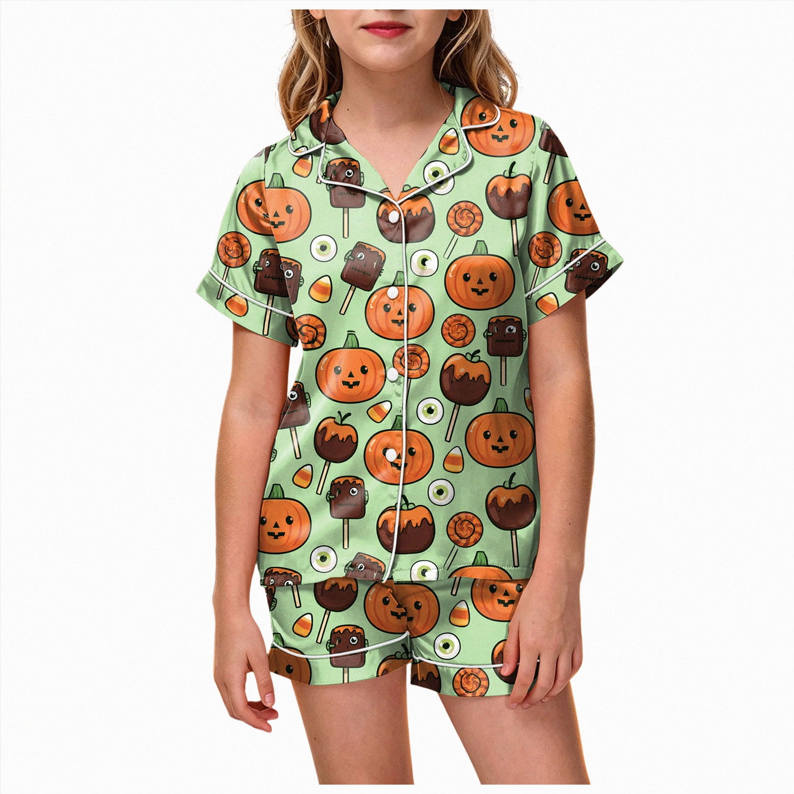 COMVALUE Girls Halloween Satin Pajama Set Turn Down Collar Short Sleeve ...