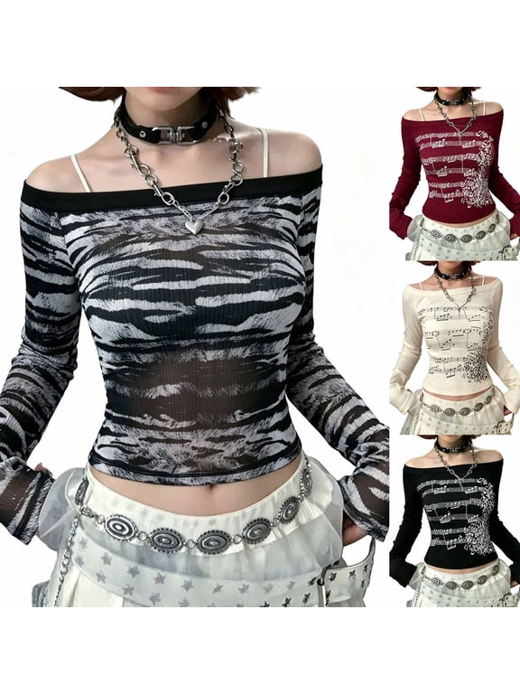 Grunge Off Shoulder Tops Women Long Sleeve Fitted 2000s Goth Emo Music Shirt Teen Girls Vintage Y2k Graphic Tee (Grey, L)