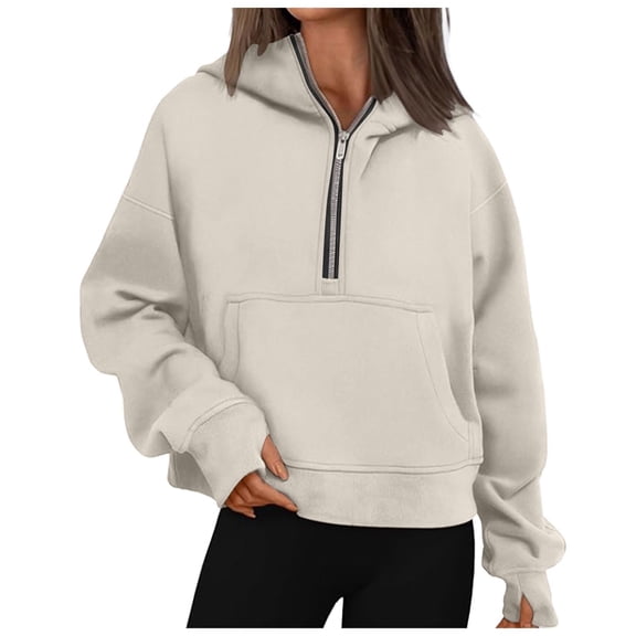 COMVALUE Half Zip Sweatshirts Cropped Hoodies Fleece Jackets Womens Quarter Zip Up Pullover Fall Outfits Winter Clothes (Beige,XL)