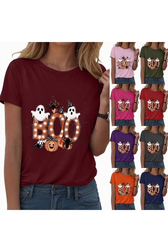 Halloween Shirts for Women Cute Ghost Graphic Tees Spooky Season Shirt Pumpkin Print Short Sleeve Casual Fall Tops (Grey, M)