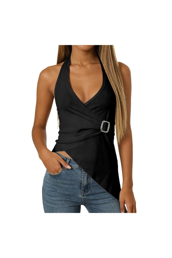 Halter Tops for Women Asymmetrical V Neck Backless Top Sleeveless Wrap Top Y2K Going Out Sexy Tops (Black, M)
